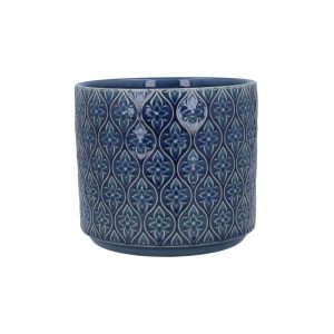 Navy Trellis Flower Stoneware Pot Small