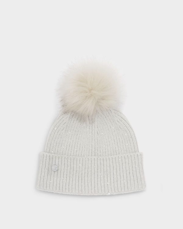 Sequin Pom Pom Hat in Pale Grey