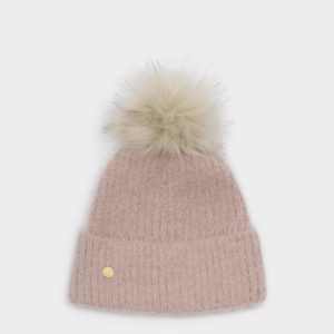 Knitted Pom Pom Hat in Dusty Pink