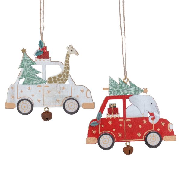 Wood Hanging Dec 7cm - Giraffe/Elephant in Car,
