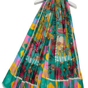 Vibrant Floral Border Print Frayed Scarf - Green