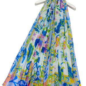 Retro Lotus Floral Print Frayed Scarf - Blue